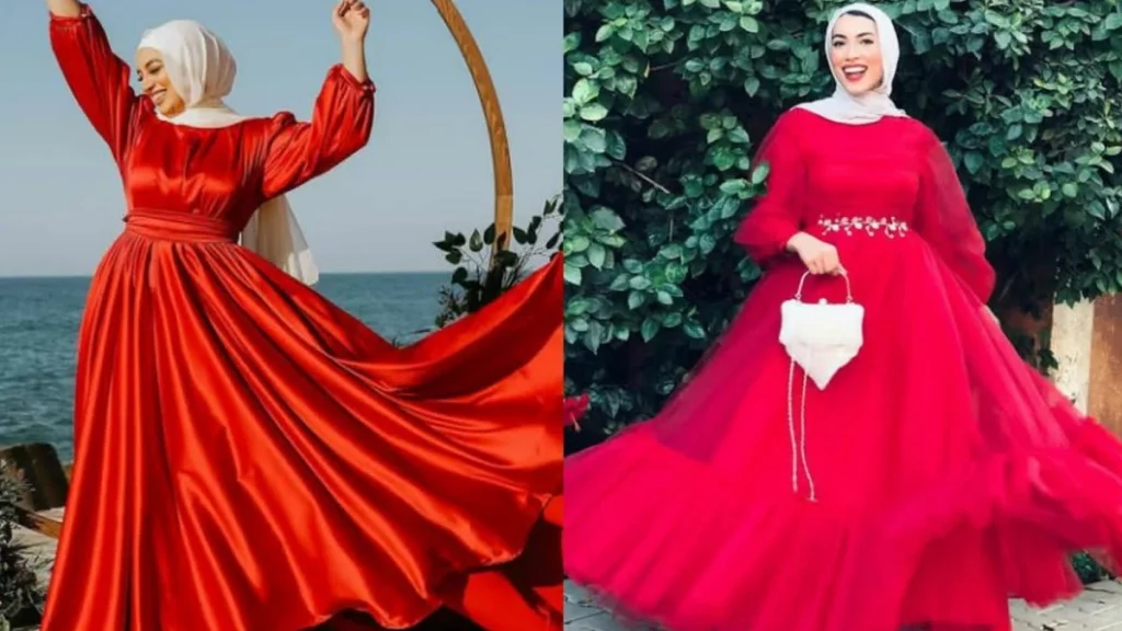 فستان أحمر سواريه للمحجبات